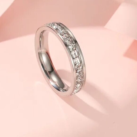 3/$35 Silver Stainless Steel Eternity Band Ring with Rhinestones Wedding Promise - Picture 6 of 6